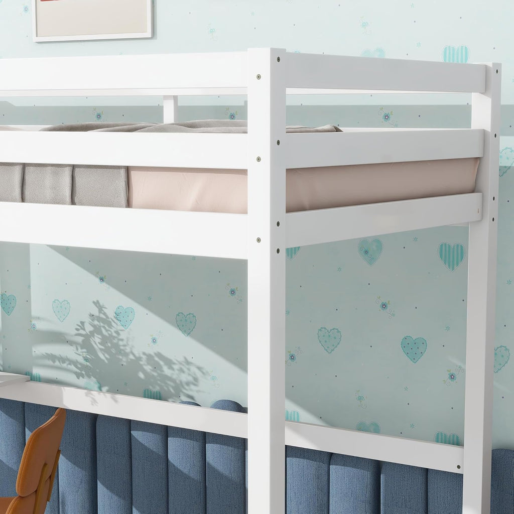 Twin Loft Bed with Desk, Wood Bed Twin Size with Ladder and Safety Guardrail, Space-Saving High Loft Bed for Kids, Adults, No Box Spring Needed, White