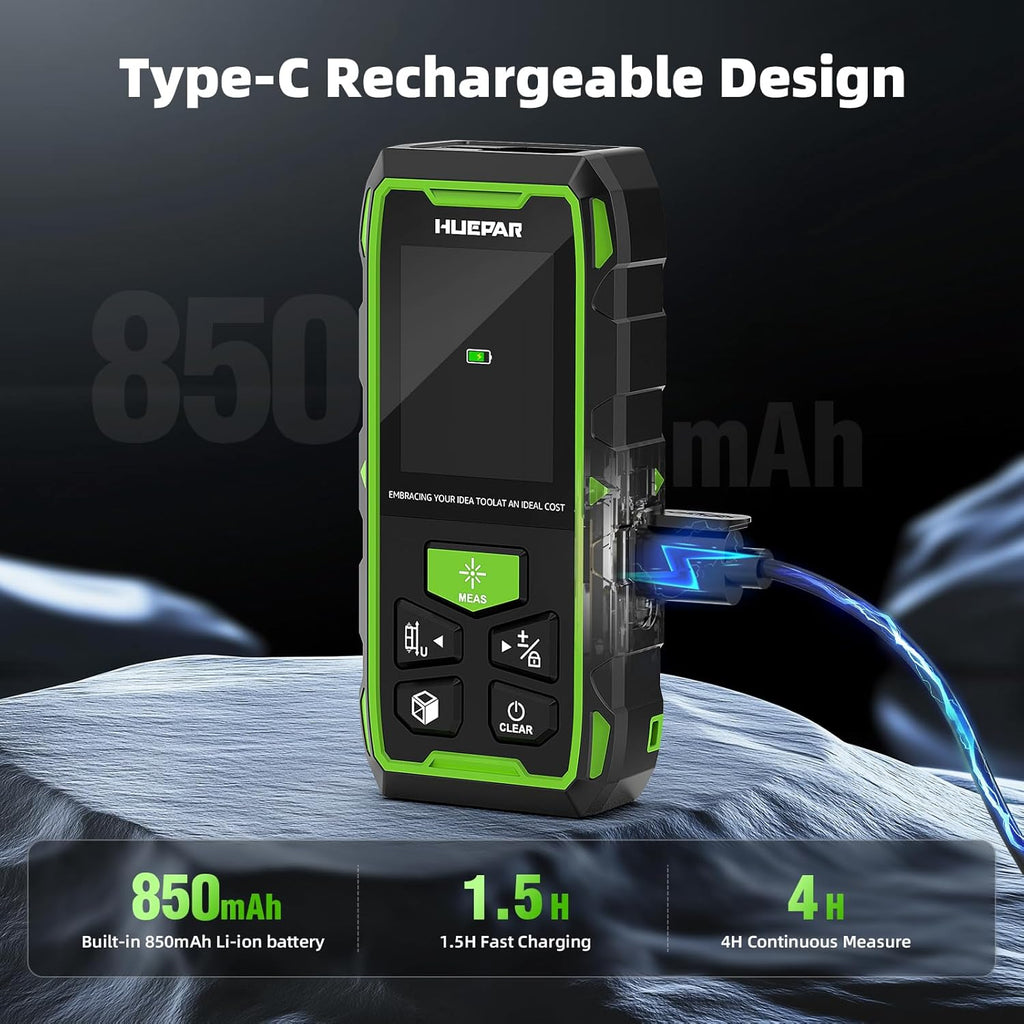 Huepar Dual Laser Measuring Tool, 656Ft Green-Beam Bilateral Digital Laser Distance Measure 6 Units Ft/in/M, Rechargeable Laser Measurement Tool -Backlit LCD Display, Length/Area/Volume/Angle Sensor