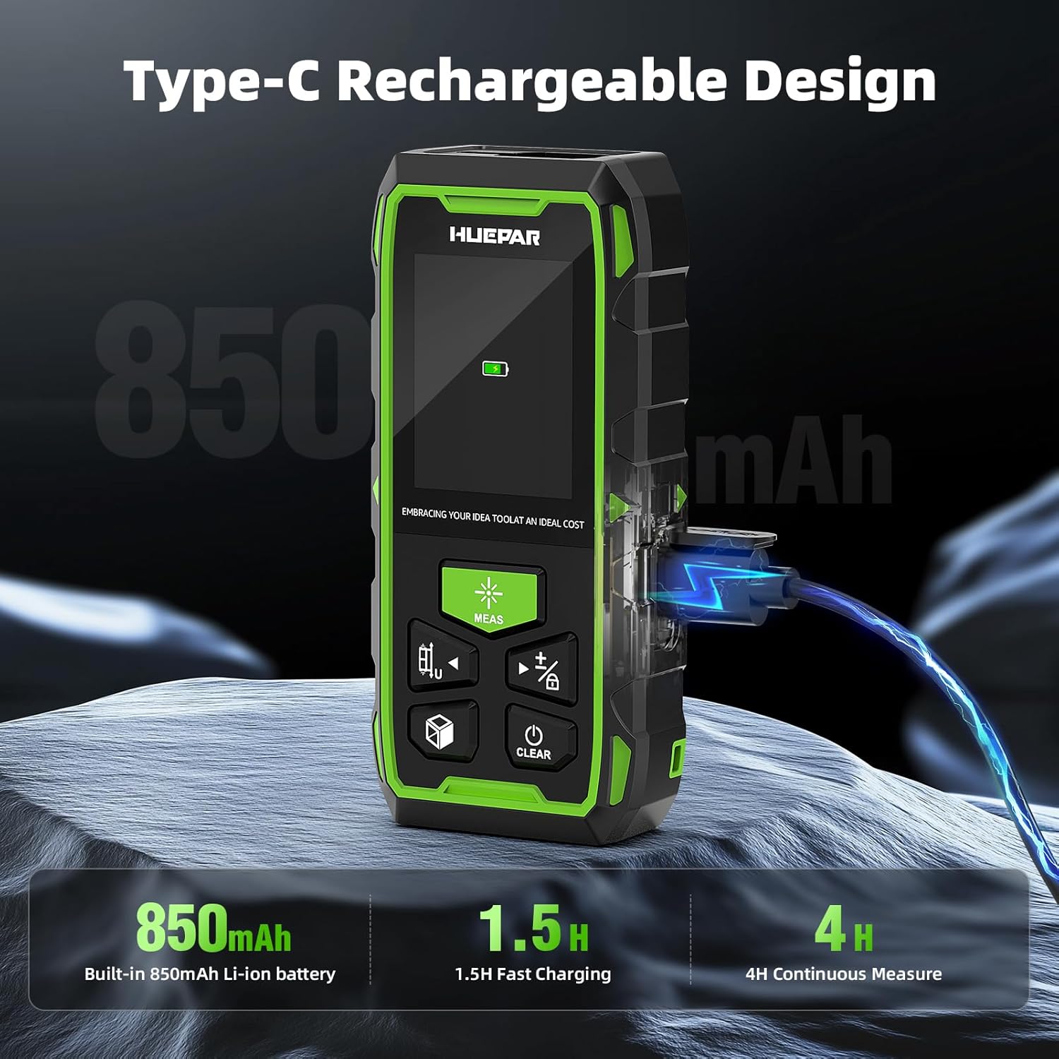 Huepar Dual Laser Measuring Tool, 656Ft Green-Beam Bilateral Digital Laser Distance Measure 6 Units Ft/in/M, Rechargeable Laser Measurement Tool -Backlit LCD Display, Length/Area/Volume/Angle Sensor