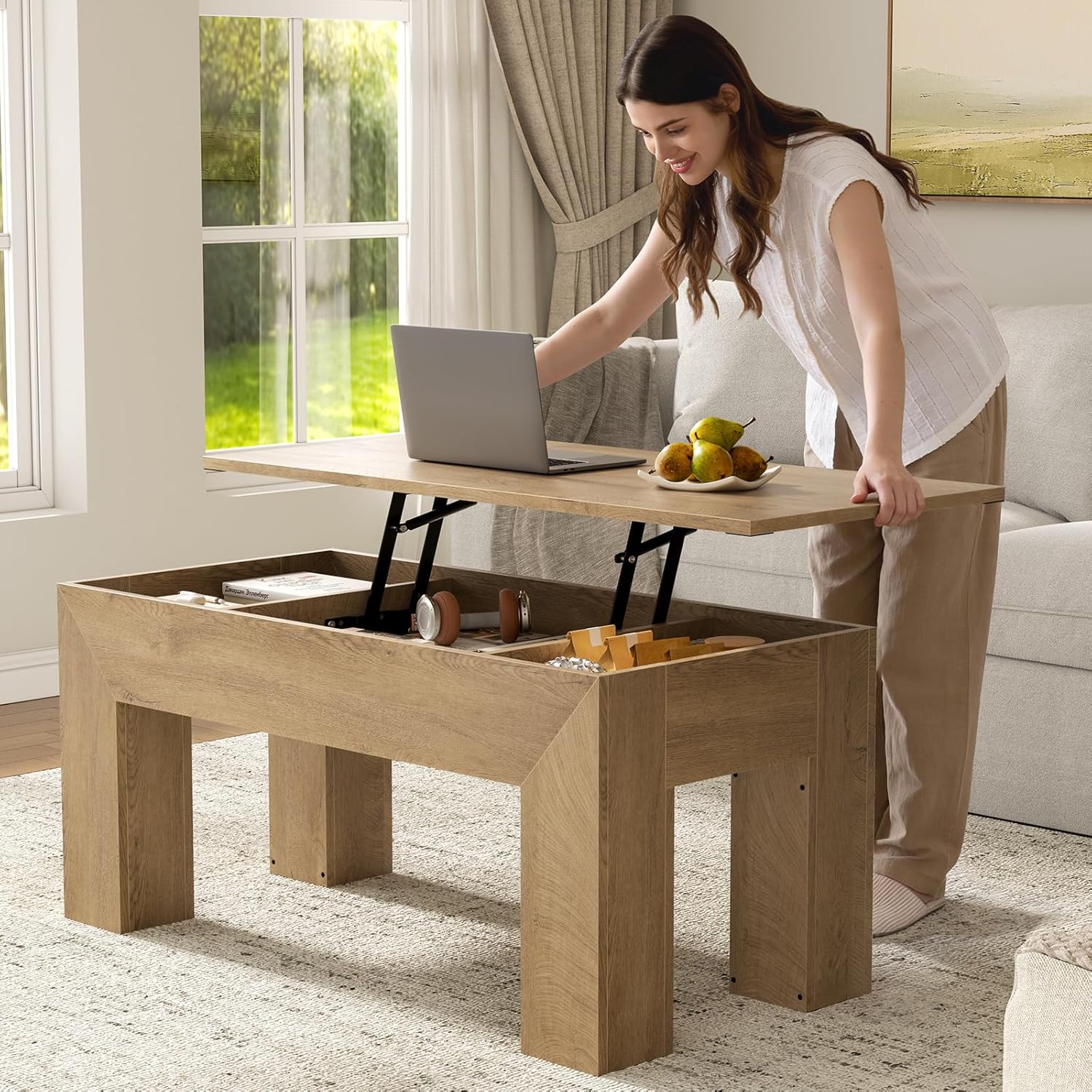 FABATO 41.7'' Lift Top Coffee Table, Wooden Rectangle Coffee Table with Hidden Storage, Large Center Table Adjustable Height Sofa Table for Living Room Office Apartment, Wood