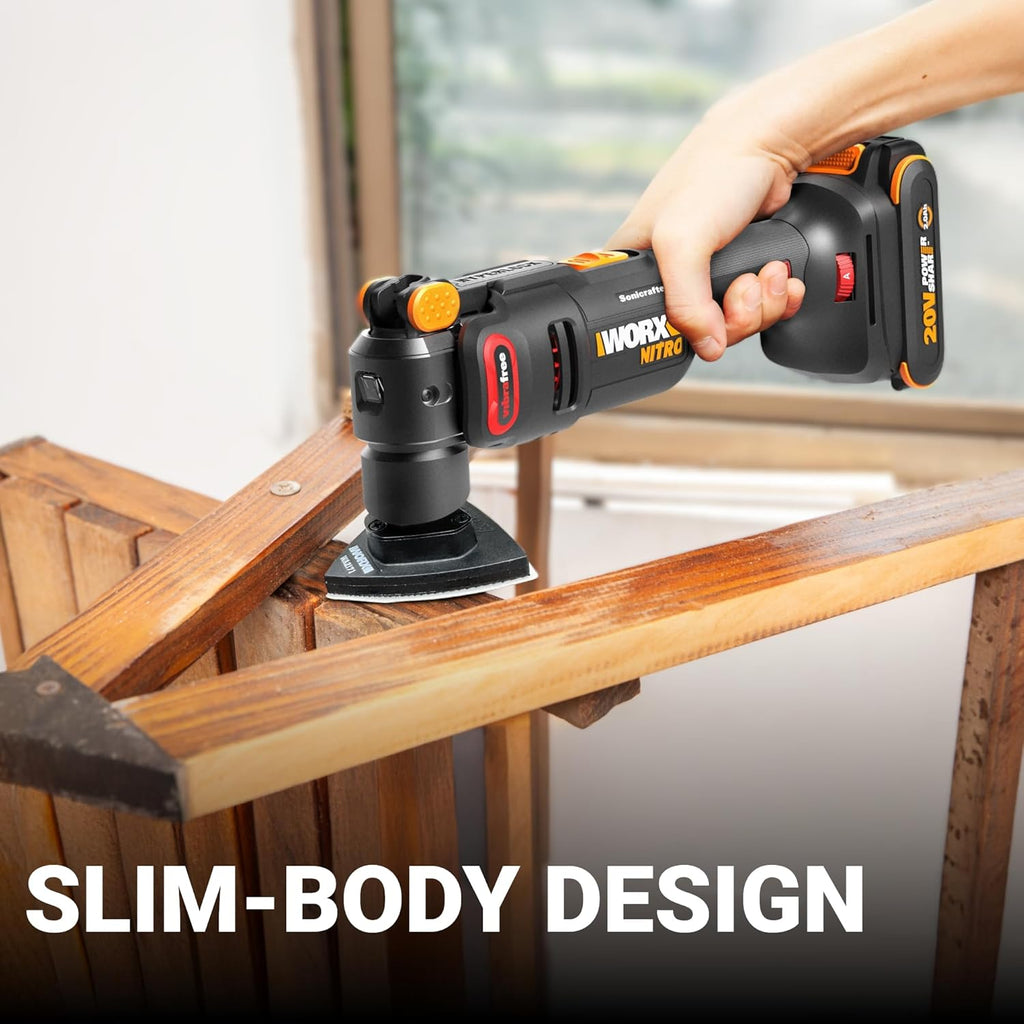 Worx Nitro 20V Cordless Oscillating Multi Tool with 5° Oscillation Angle, VibraFree Technology, Slim-body Design, Tool Only, 23 Pieces Accessories with Carrying Bag, WX698L.9