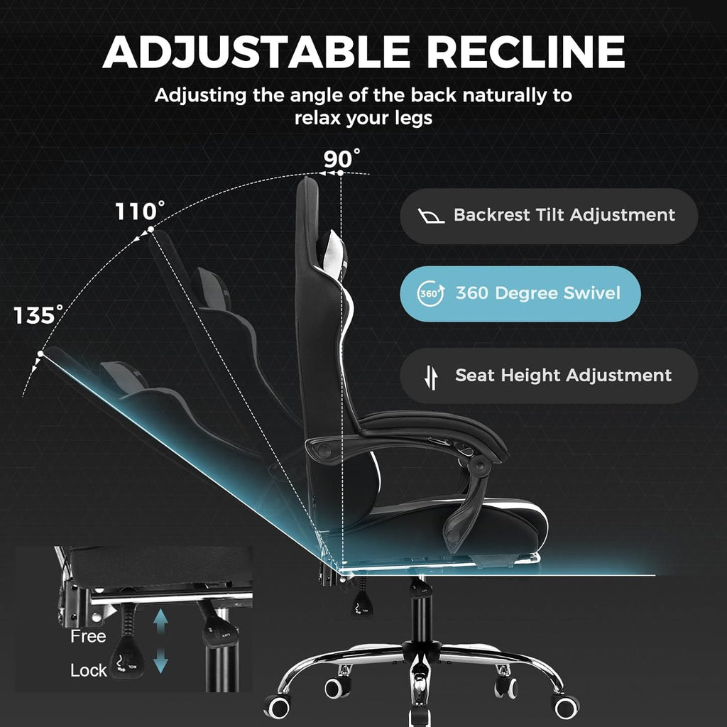 GTPLAYER Gaming Chair, Computer Chair with Footrest and Lumbar Support, Height Adjustable Game Chair with 360°-Swivel Seat and Headrest and for Office or Gaming (Fabric, Black White)