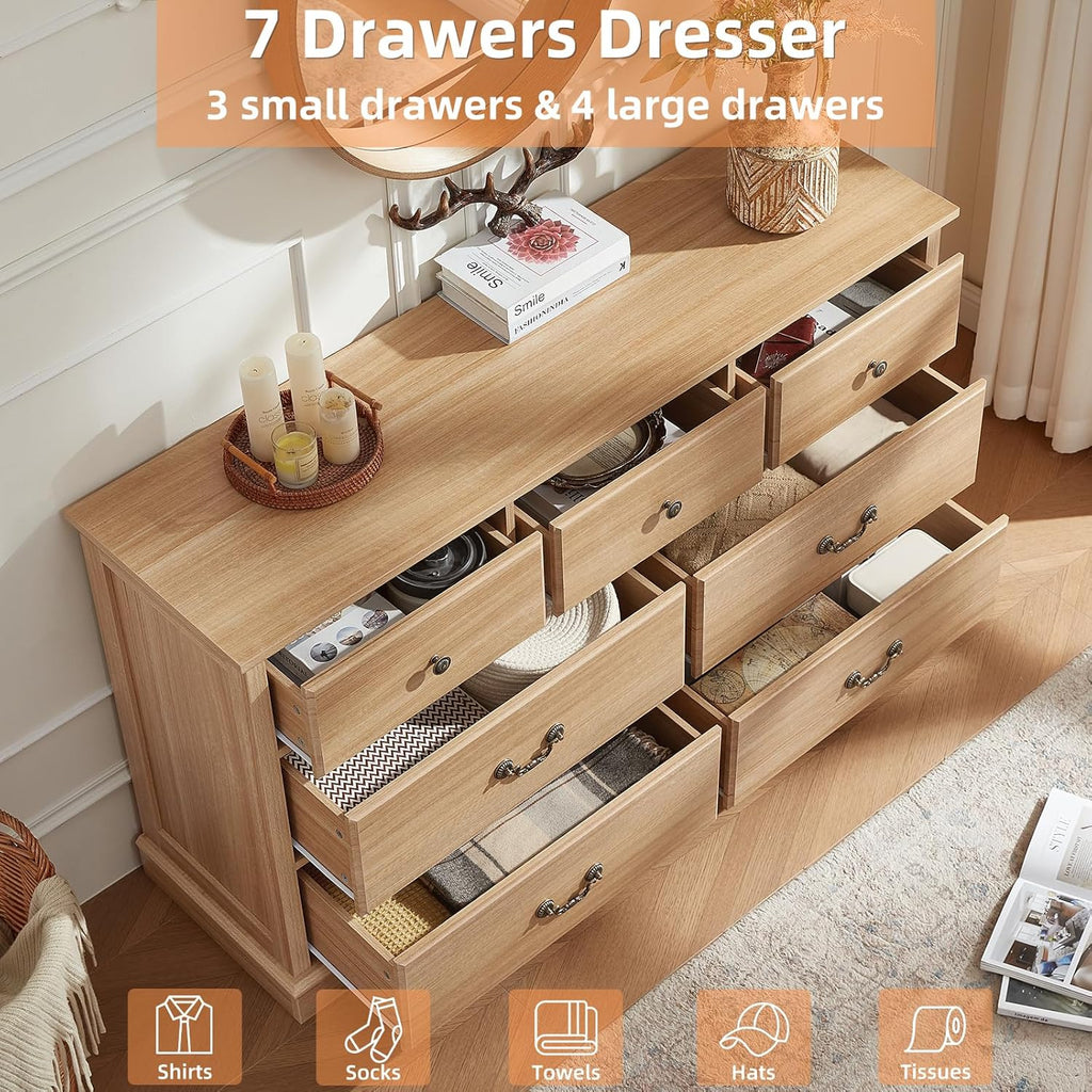 Farmhouse 7 Drawer Dresser for Bedroom,57" Wide Wood Rustic Chest of Drawers,Farmhouse Chest of Drawers for Bedroom,Wood Drawer Organizer for Bedroom,Hallway,Natural