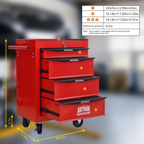 Rolling Metal Tool Chest with 4 Drawers, 20" 4-Drawer Tool Chest Cabinet with Ball Bearing Drawer Slides, Steel Tool Storage Box Organizer -Red