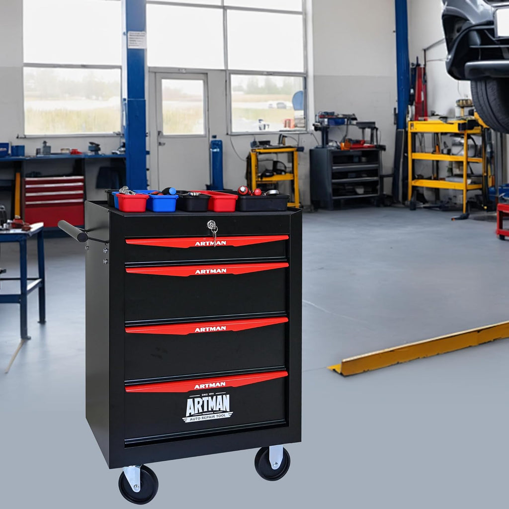 RYH 4/5/6/7 Drawers Rolling Tool Chest - Heavy Duty Mobile Tool Cart with Locking Wheels & Ball Bearing Drawers, 30.5" H x 20.9" W x13 D Garage Tool Storage Cabinet，Metal Tool Box (Black, 4 Drawers)