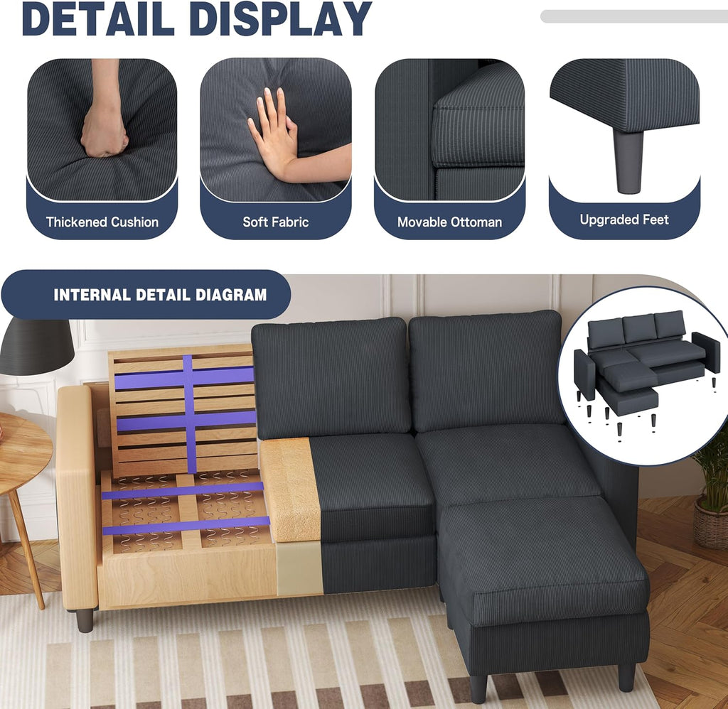 Shintenchi Modern Upholstered Sectional Sofa, L-Shaped Couch with Reversible Chaise for Living Room, New Corduroy Fabric