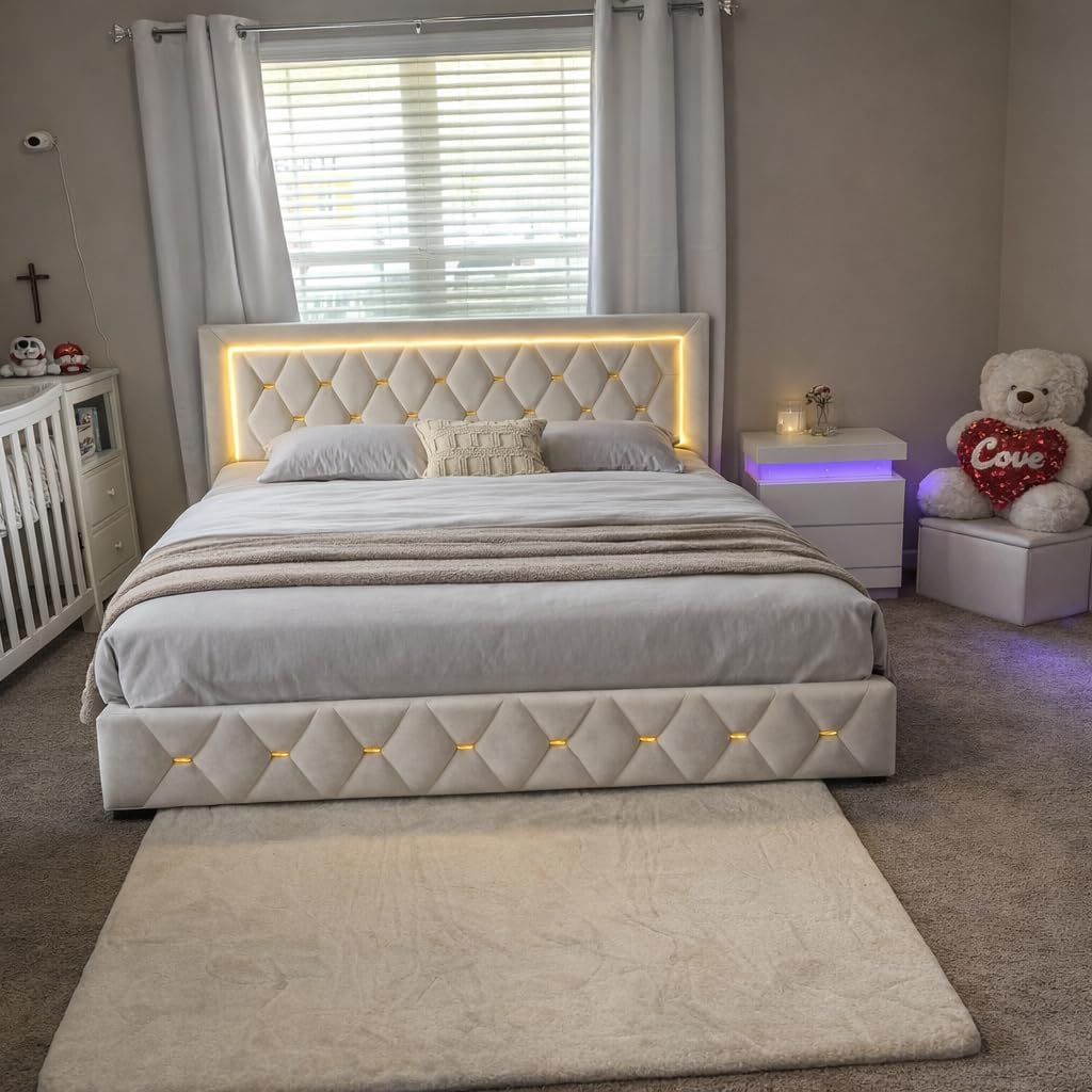 King Size Bed Frame with 4 Storage Drawers & LED Lights, Velvet Bed Frame with Charging Station, Wooden Slats, No Box Spring Needed, Beige