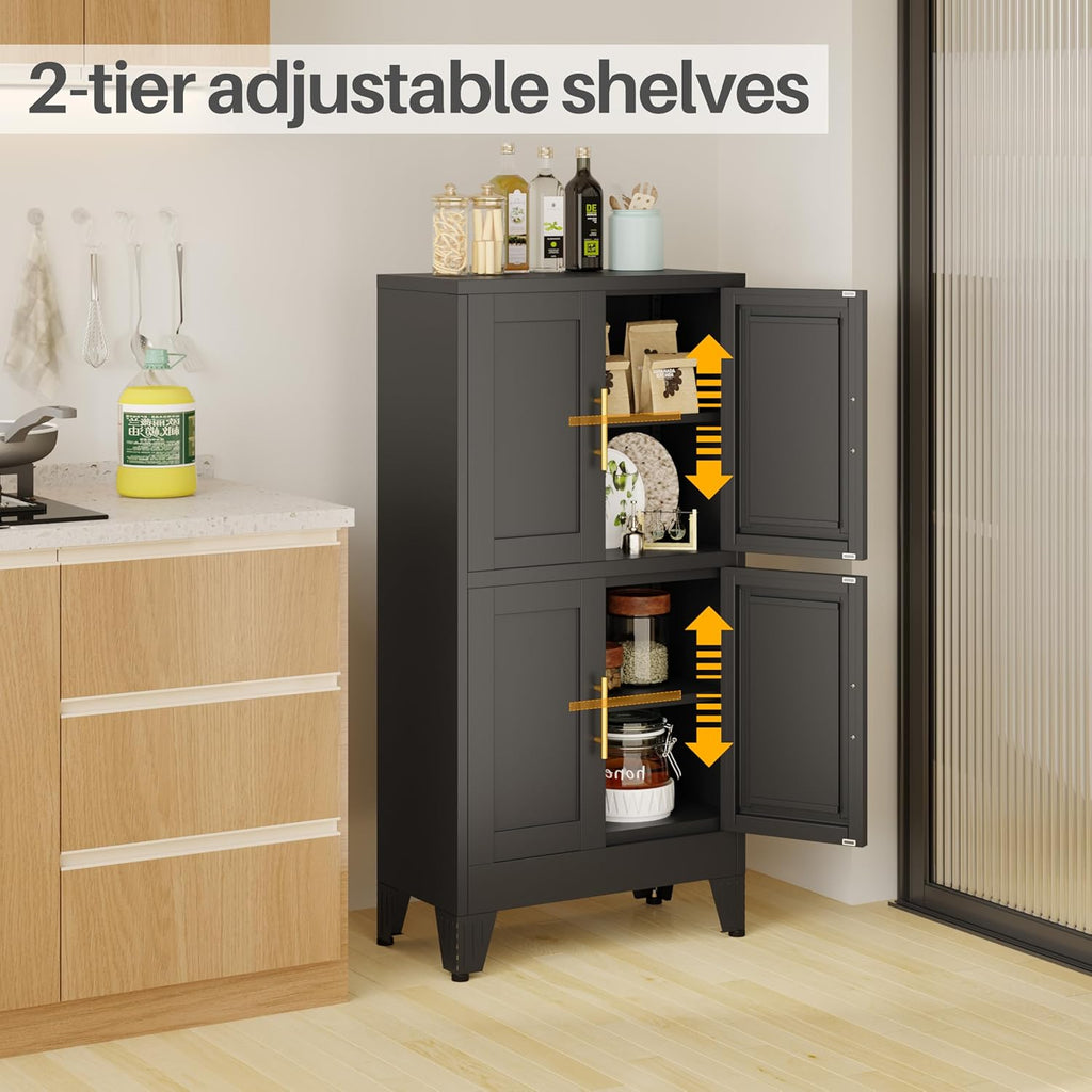 47“H Black Metal Bathroom Storage Cabinet, Kitchen Pantry Cabinet with Doors and 3 Adjustable Shelves, Bathroom cabinets Organizer, for Home Office, Bedroom