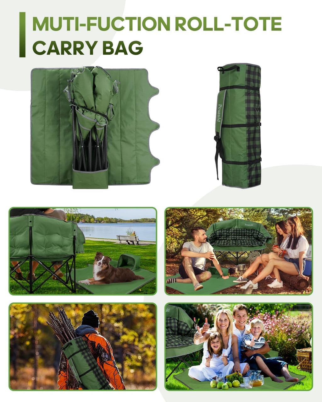 Double Camping Chair Padded Loveseat for Adults, Oversized 2 Person Camp Couch with 2 in 1 Carry Bag, Heavy Duty Folding Outdoor Sofa with Cup Holders for Lawn Beach Tailgating, Green