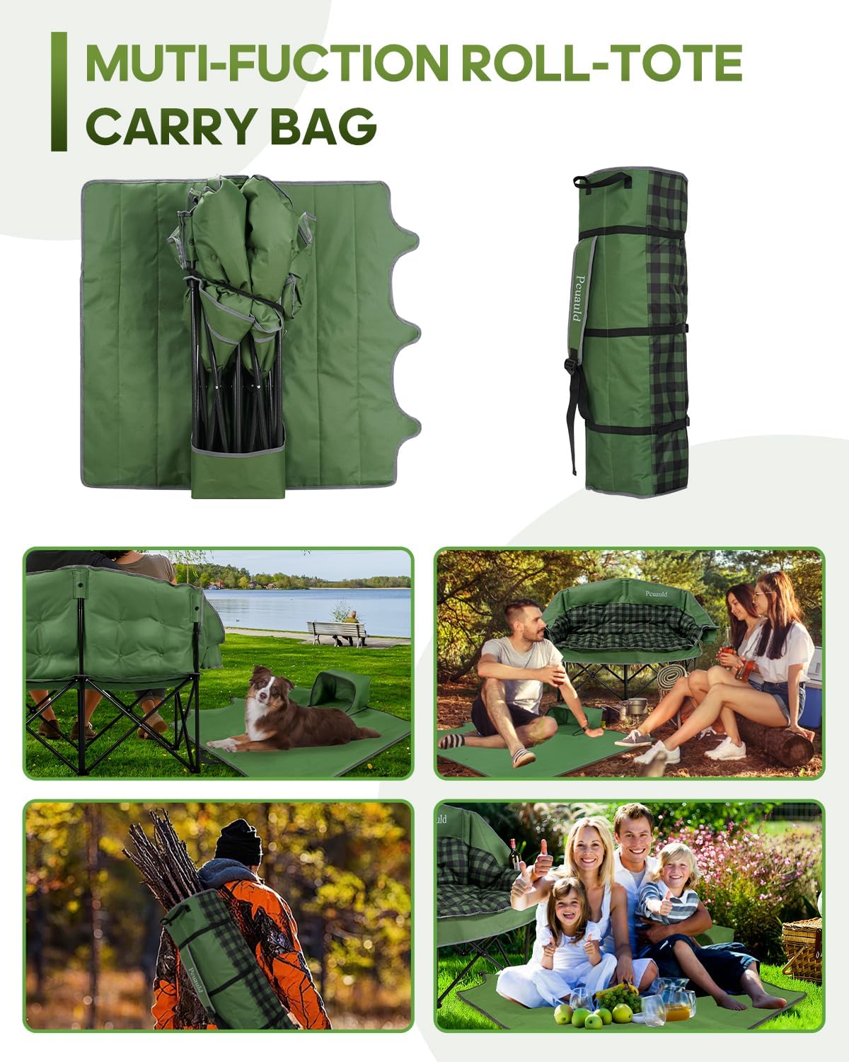 Double Camping Chair Padded Loveseat for Adults, Oversized 2 Person Camp Couch with 2 in 1 Carry Bag, Heavy Duty Folding Outdoor Sofa with Cup Holders for Lawn Beach Tailgating, Green