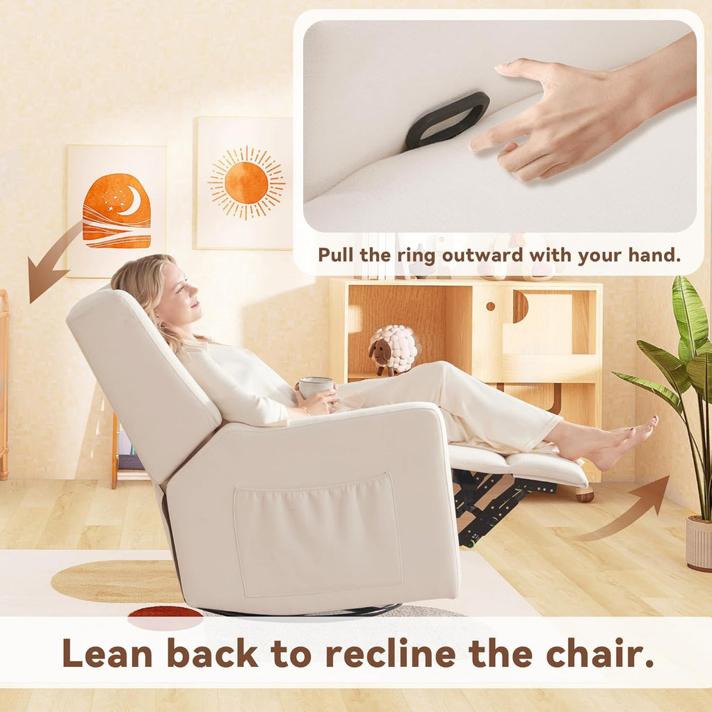 Tbfit 360° Swivel Recliner Chair,Nursery Rocking Chair with Lumbar Support for Bedroom, Comfy Upholstered Armchair with Pillows & Footrest for Living Room (Hidden Ring Handle, Beige)