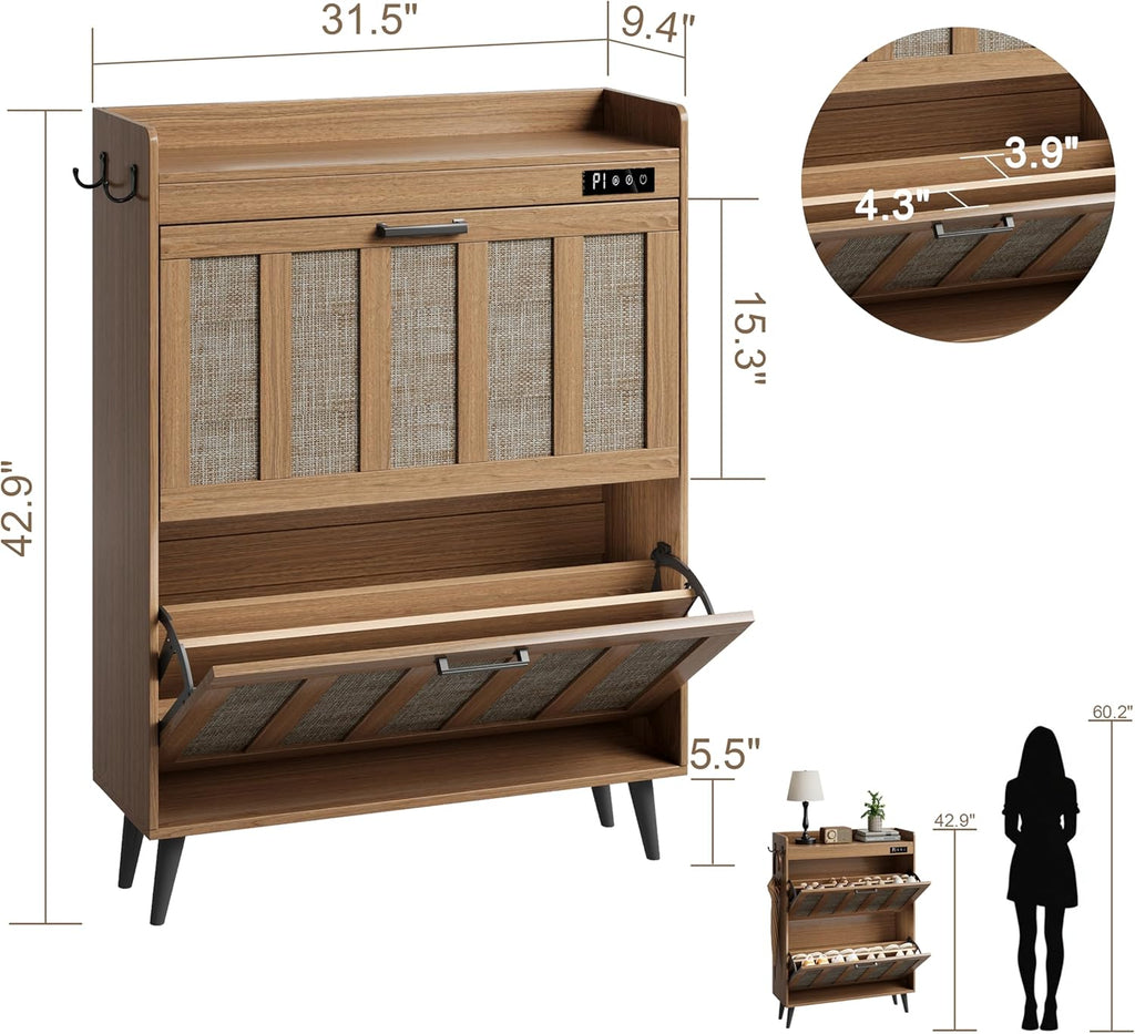 ChooChoo Shoe Storage Cabinet with 2 Flip Drawers, Deodorizing Shoe Organizer Storage for Entryway, Freestanding Hidden Slim Narrow Shoe Rack Cabinet, Rustic Oak