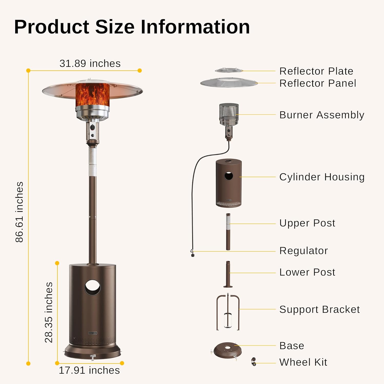 EAST OAK 50 000 BTU Patio Heater for Outdoor Use With Round Table Design  Double-Layer Stainless Steel Burner and Wheels  Outdoor Patio Heater for Home and Commercial  Bronze  31.9" x 31.9" x 86.6"