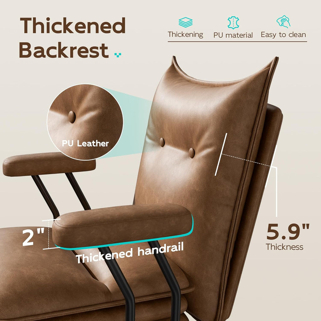 Brown Office Chair with Triple-Layers Thicken Wide Seat, Mid Back Leather Desk Chair with Wheels and Arms, Mid-Century Modern Computer Chair for Home Office
