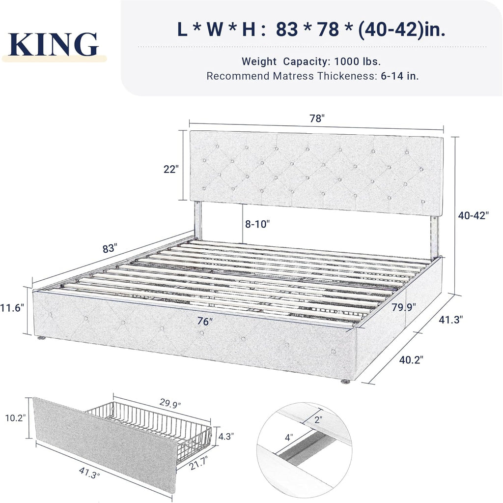 Allewie Upholstered King Size Platform Bed Frame with 4 Storage Drawers and Headboard, Diamond Stitched Button Tufted, Mattress Foundation with Wooden Slats Support, No Box Spring Needed, Beige