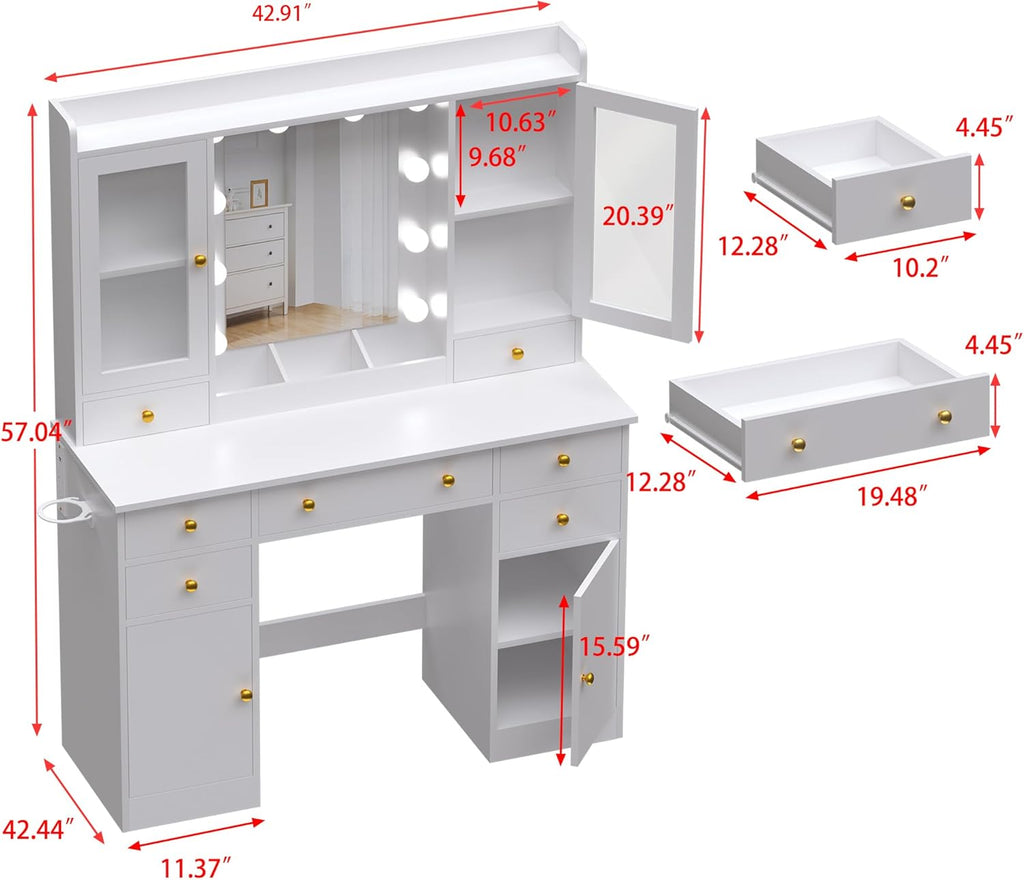 Vanity Desk with Mirror and Lights, 43" White Makeup Vanity Set with 5 Drawers & Glass Cabinets, Makeup Tray, Power Outlet & Adjustable LED Lights, Dressing Table for Women & Girls Bedroom