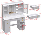Vanity Desk with Mirror and Lights, 43" White Makeup Vanity Set with 5 Drawers & Glass Cabinets, Makeup Tray, Power Outlet & Adjustable LED Lights, Dressing Table for Women & Girls Bedroom