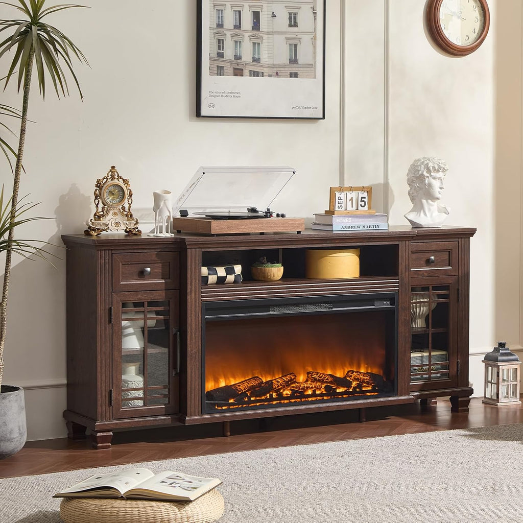70" Fireplace TV Stand with 36”Silent Electric Fireplace, Farmhouse Entertainment Center for TVs up to 80", 2 Drawers TV Console with Glass Door Cabinet, Walnut TVs Cabinet for Living Room