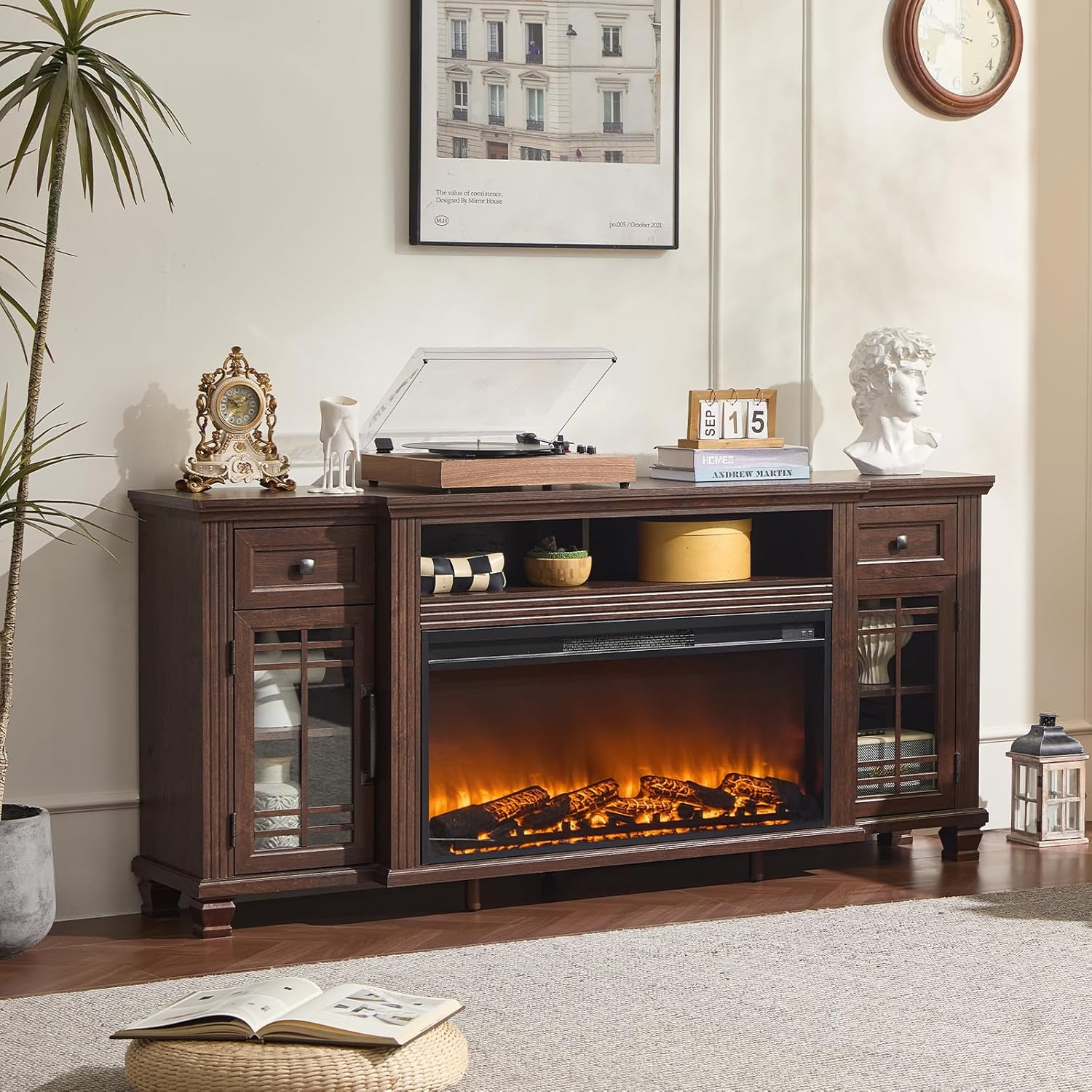 70" Fireplace TV Stand with 36”Silent Electric Fireplace, Farmhouse Entertainment Center for TVs up to 80", 2 Drawers TV Console with Glass Door Cabinet, Walnut TVs Cabinet for Living Room