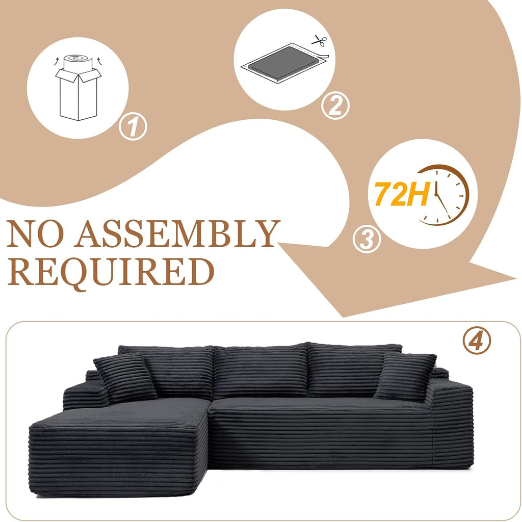 108" Cloud Sectional Couch, Modern Boneless Couch with L-Shape Chaise, Deep Seat Modular Sectional Sofa Corduroy Corner Couches for Living Room,No Assembly Required (Black, Left Facing Chaise)