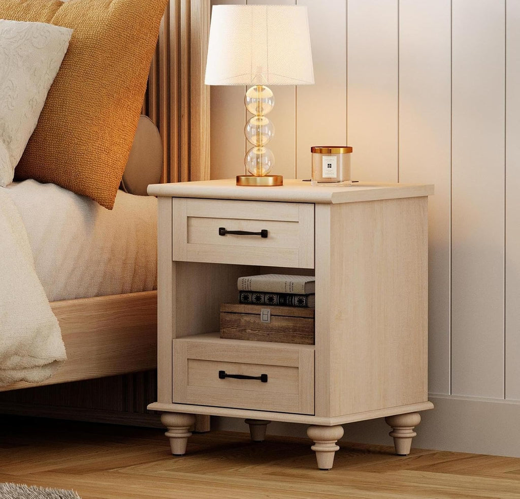 WAMPAT Mid Century End Table Nightstand with Charging Station, Small Side Table with 2 Drawers & Storage Shelf for Living Room, Light Wood Night Stand Bedside Table for Bedroom, Beige