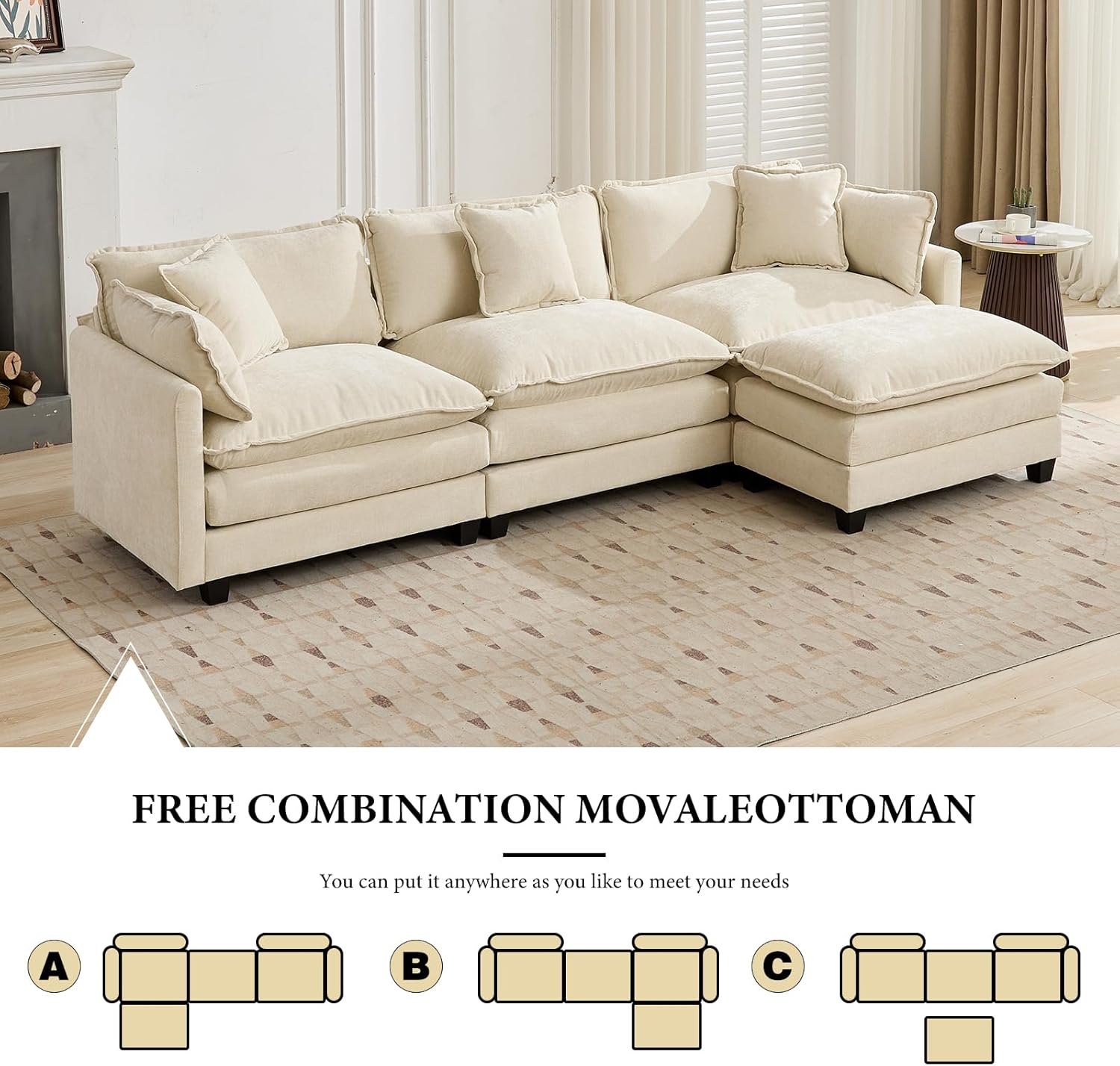 111.5" Beige Modular Sectional Sofa, 3 Seater Large Sectional Couches for Living Room, Ivory Off-White Chenille Fabric Oversized Cloud Couch with Ottoman, Modern Sofas Set, Sofas para Sala, L Shaped
