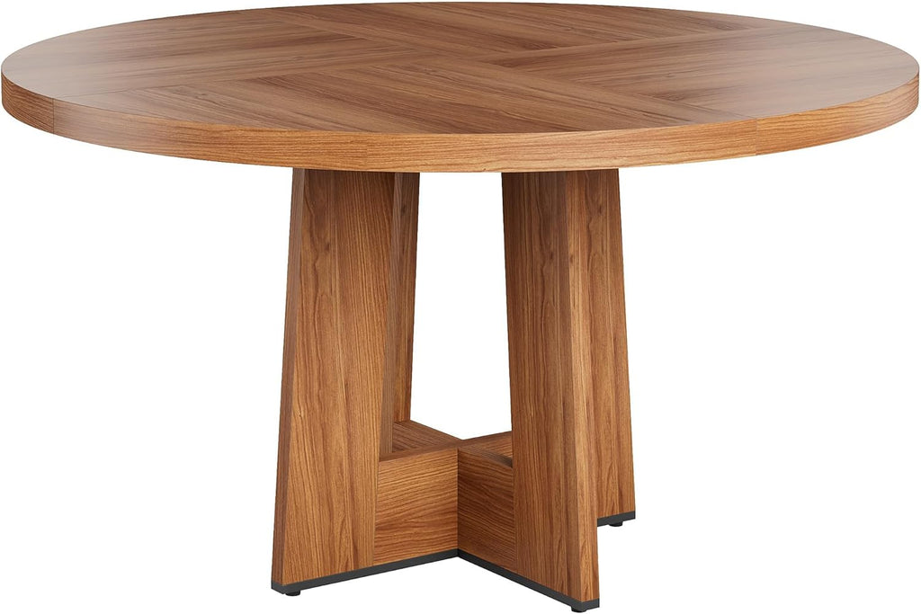 Garvee 47" Round Dining Table for 4-6 People - Circle Kitchen Dinner Table with Sturdy Pedestal Base, Space Saving Dinning Room Furniture for Living Room, Kitchen, Apartment, Light Walnut