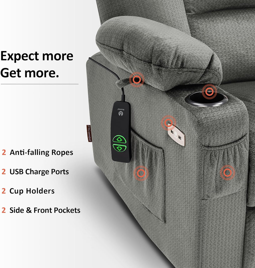MCombo Power Lift Recliner Chair with Massage and Heat for Elderly People, Cup Holders, USB Ports, Side Pockets, Fabric 7529 (Medium, Grey)