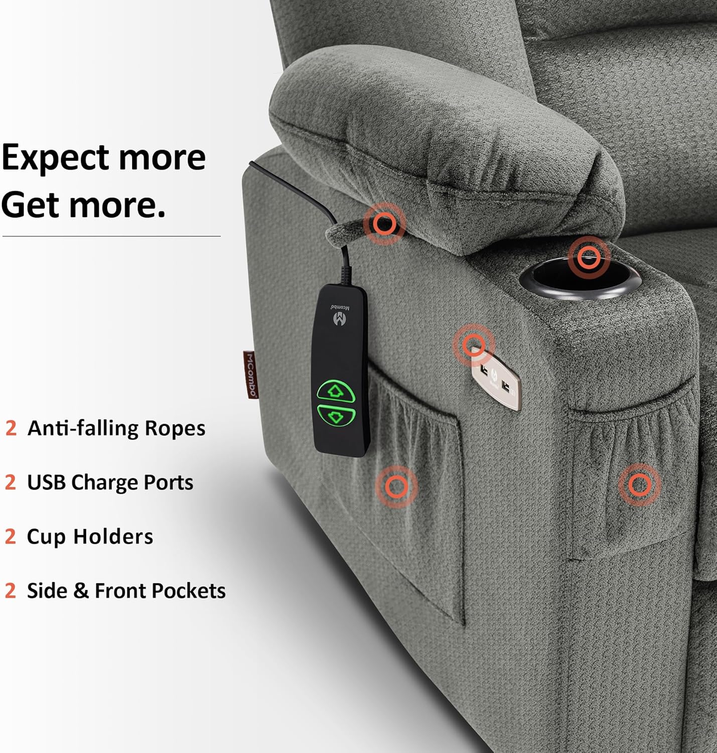 MCombo Power Lift Recliner Chair with Massage and Heat for Elderly People, Cup Holders, USB Ports, Side Pockets, Fabric 7529 (Medium, Grey)