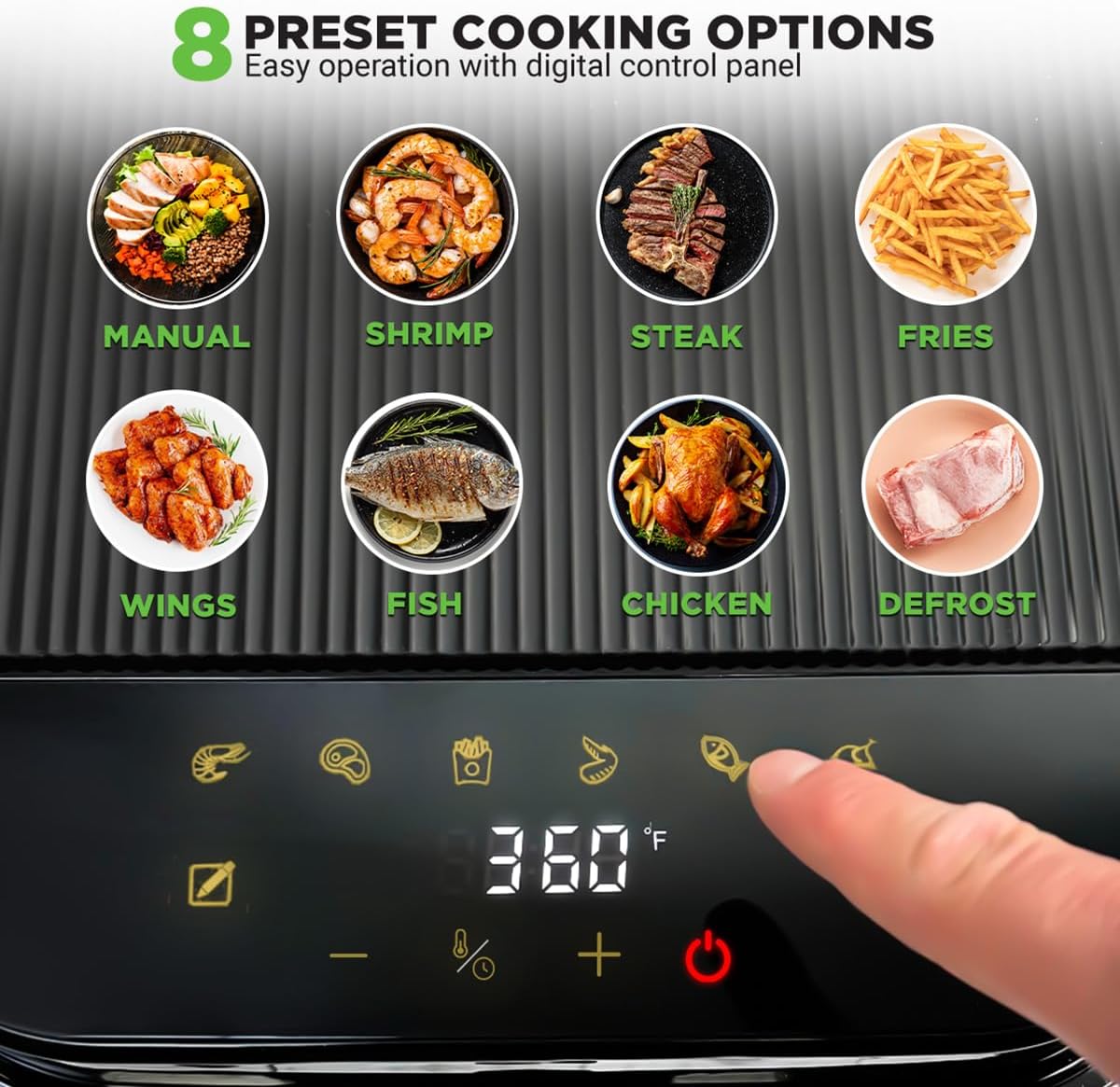 Nutrichef 5.8 Quart Air Fryer | 8-1 Preset Cook Modes | Transparent Fry Bowl for Best Cooking Results | Cook Shrimp, Steak, Fries, Wings, Chicken & More | Precise Temperature Control & Time | White