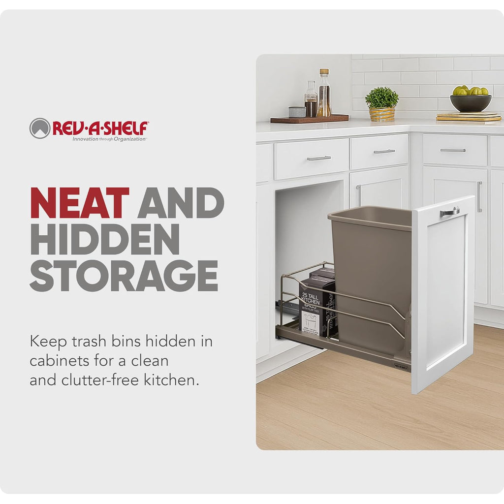 Rev-A-Shelf Pullout Trash Can for Under Kitchen Cabinets 35 Quart 8.75 Gallon with Soft-Close Slides and Rear Storage, Champagne, 53WC-1535SCDM-112