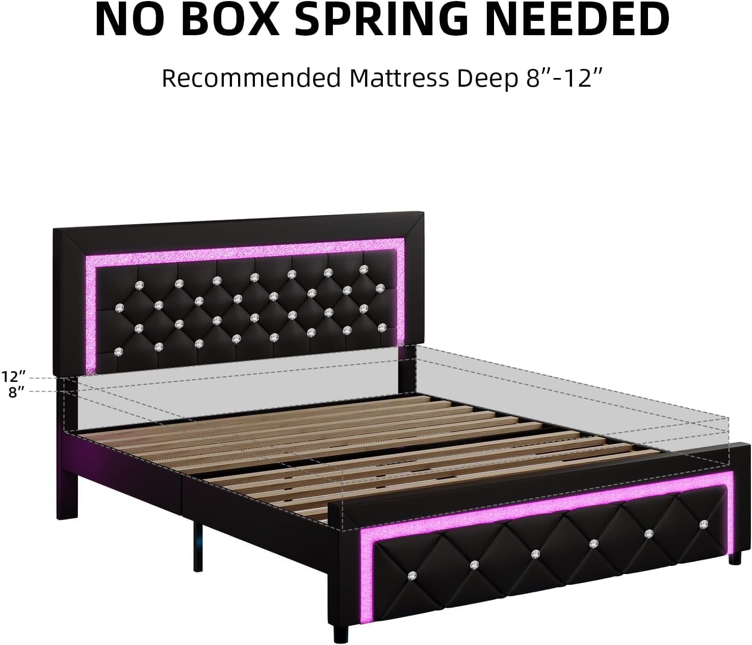 BarnFurin Queen Size Bed Frame with LED Lights, Upholstered Platform Bed with Diamond Tufted Headboard, No Box Spring Needed, Noise Free, Easy Assembly, Black