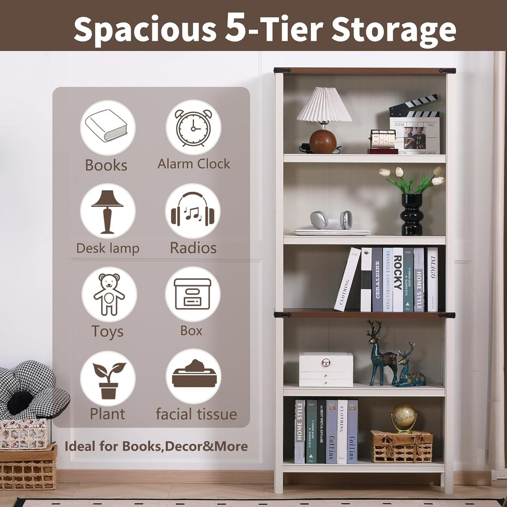 71" Tall Bookshelf, 5-Tier Farmhouse Bookcase, Free Standing Display Shelf & Storage Organizer for Living Room, Home Office, Bedroom,Antique White.