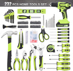 FASTPRO 232-Piece Home Tool Set with Drill, 20V Cordless Drill Driver, Household Repairing Tool Kit with Drill, 12-Inch Wide Mouth Storage Tool Bag Included, Green
