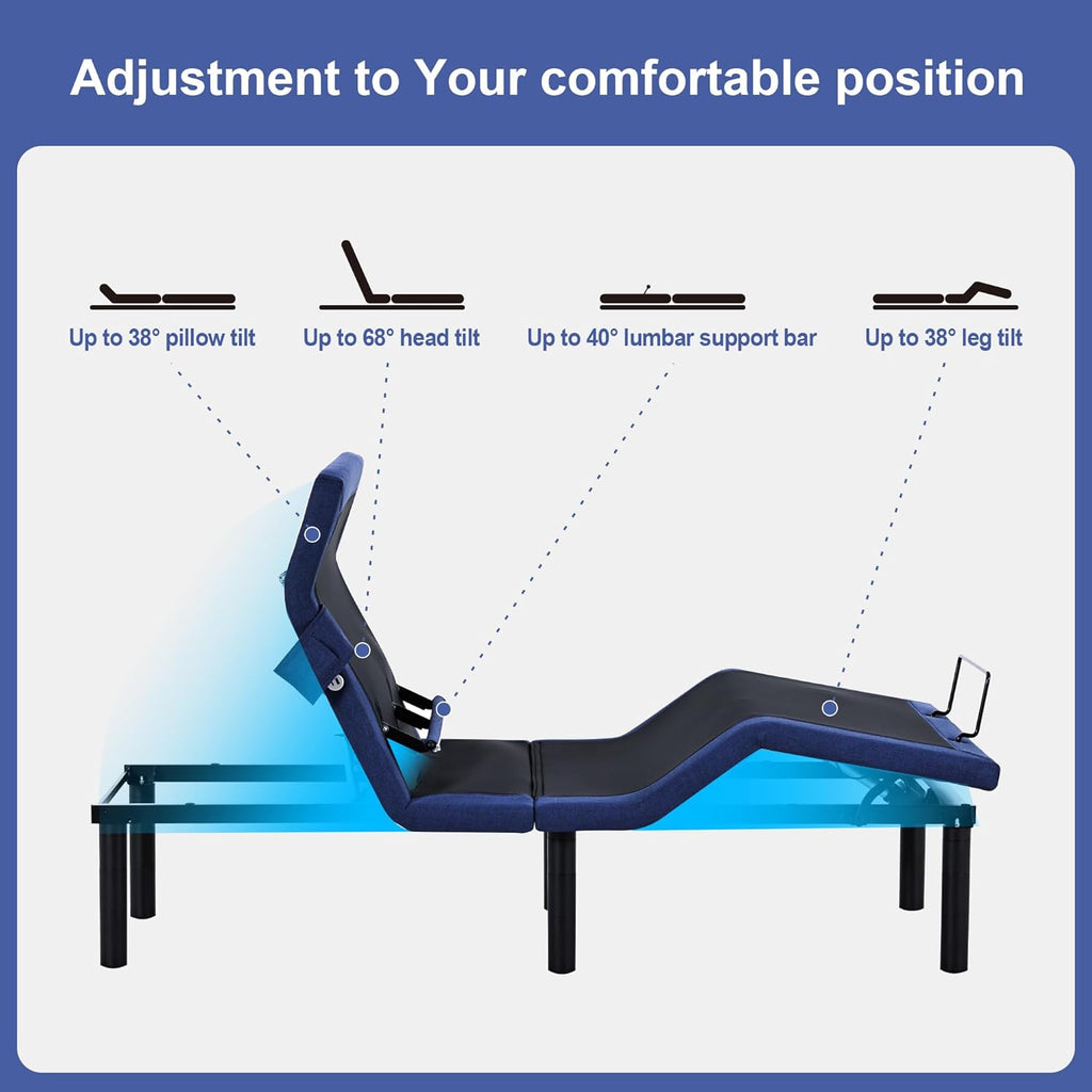 Fromann Adjustable Twin XL Bed Base Frame with Head and Foot Lift, Lumbar Support, Massage, Under-Bed Lights,Left Right USB+C, Memory Positions, Zero Gravity