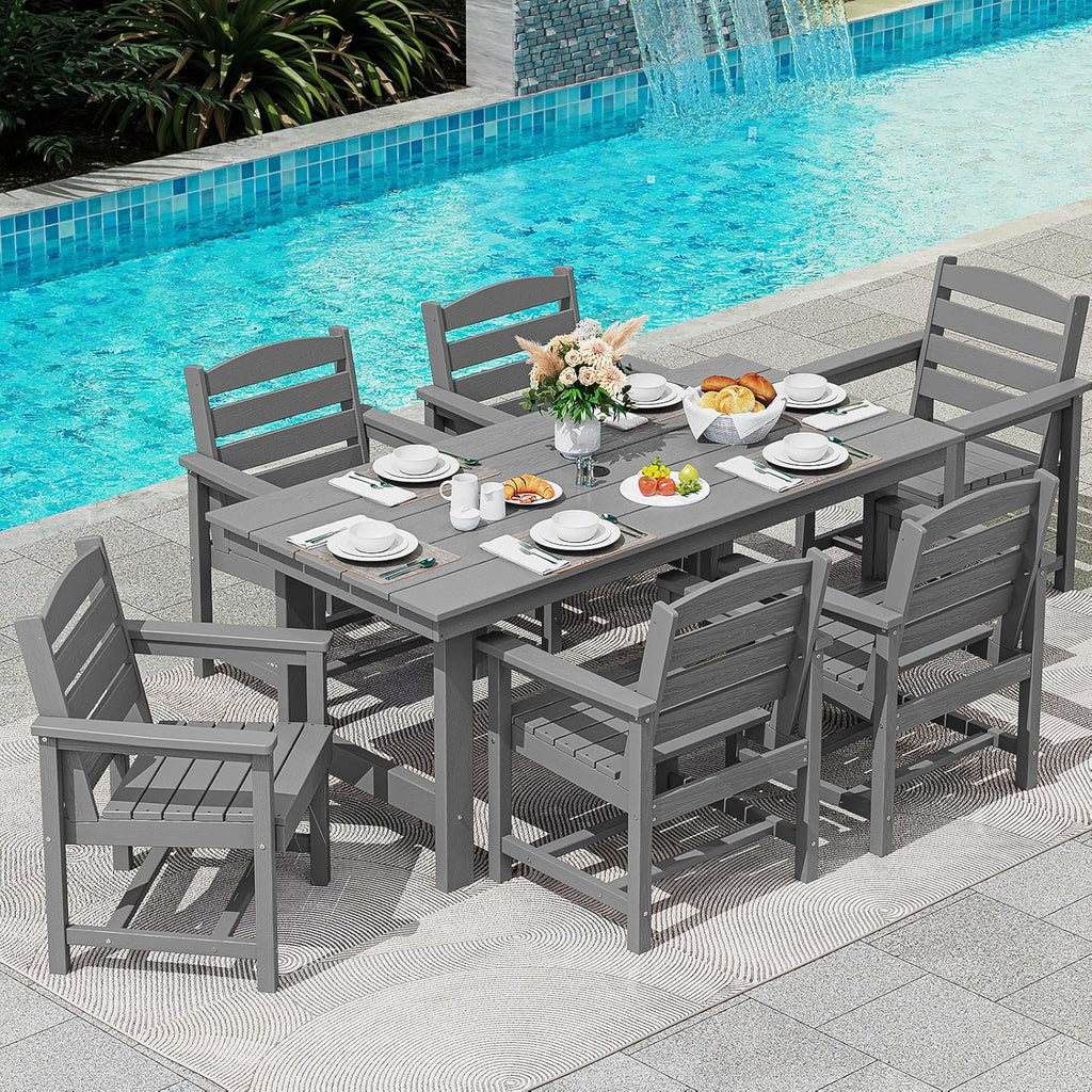 SERWALL Outdoor HDPE Dining Table Set  7-Piece Outdoor Dining Table Sets with Umbrella Hole Cut-Out Table and 6 Chairs  Gray