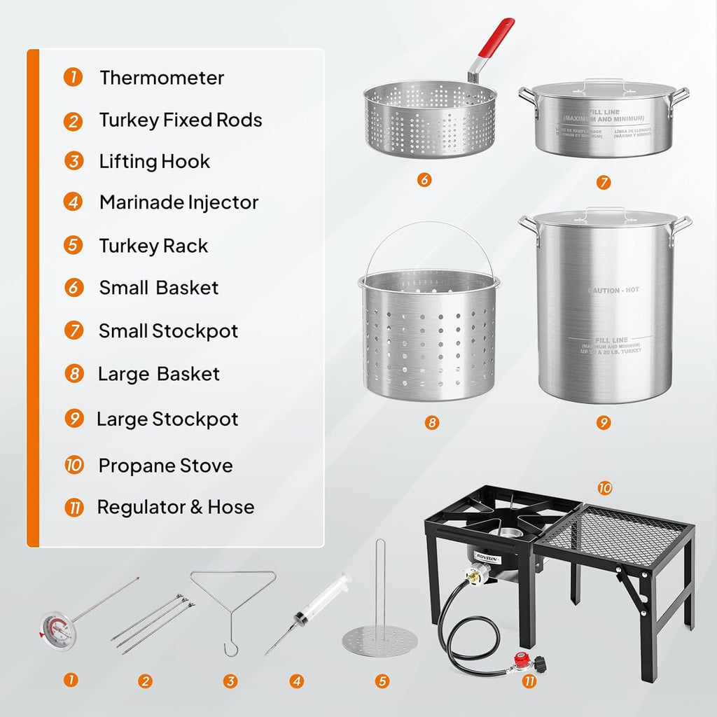 ROVSUN 30QT Turkey Fryer & 10QT Fish Fryer Kit w/ 55,000BTU Propane Stove, Aluminum Outdoor Deep Fryer & Seafood Boiler Steamer w/Baskets, Thermometer, Marinade Injector, Turkey Rack & Rack Lifter