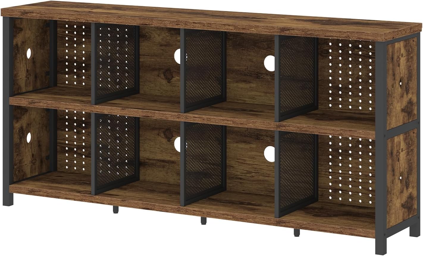 LVB Rustic Horizontal Bookshelf, Industrial Bookcase Cube Storage Organizer, Wide Large Metal Wooden Office Cube Shelf, Farmhouse Low Long Book Shelf for Home Bedroom Living Room, Rustic Brown, 63 in