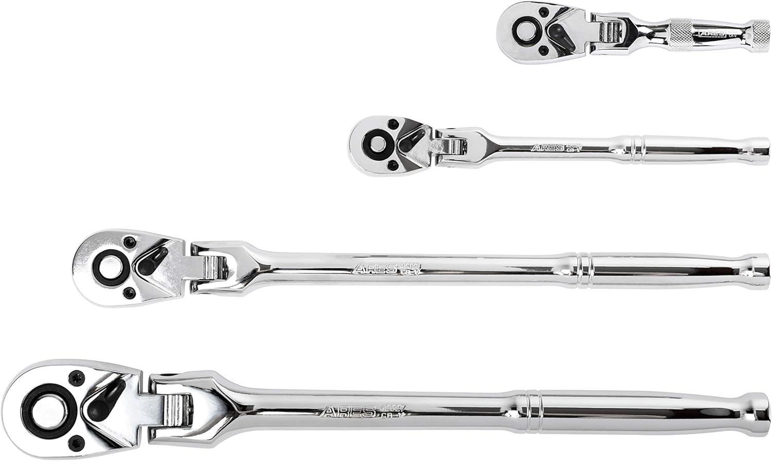 ARES 42040 - Flex Head Ratchet Set - 4-Piece 72-Tooth Ratchets - Premium Chrome Vanadium Steel Construction & Chrome Plated Finish - Quick Release Reversible Design with 5 Degree Swing