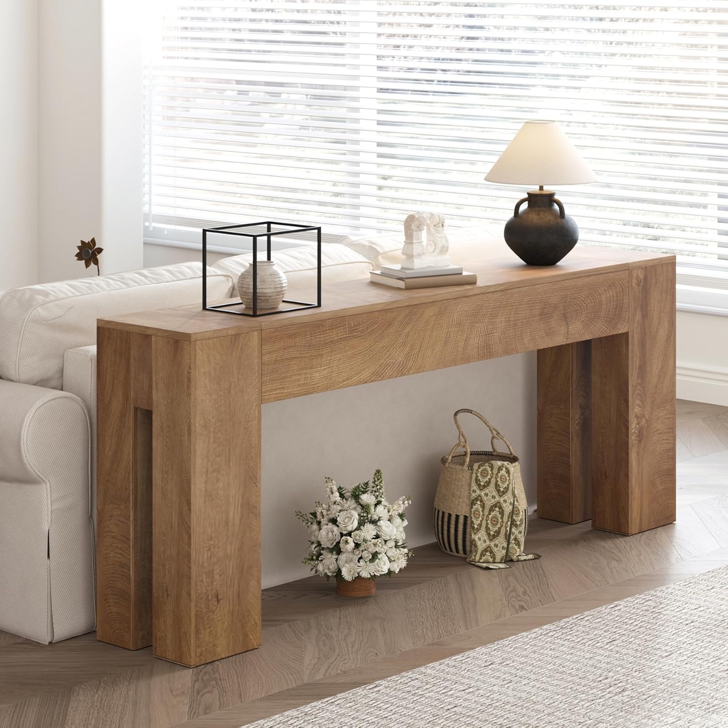 Extra Long Sofa Console Table for Entryway Living Room, 78-Inch Farmhouse Wood Behind Couch Table, Rectangular Accent Console with Wooden Double Base for Hallway Foyer Entrance, Natural Oak