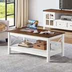 YITAHOME Coffee Table for Living Room, Modern Farmhouse Coffee Table with Storage, 2-Tier Center Table Wood Living Room Table Accent Cocktail with Sturdy Frame, Brown
