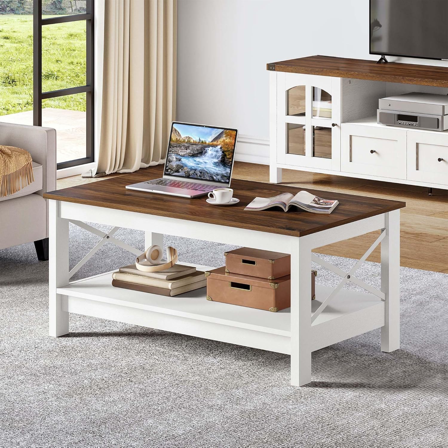 YITAHOME Coffee Table for Living Room, Modern Farmhouse Coffee Table with Storage, 2-Tier Center Table Wood Living Room Table Accent Cocktail with Sturdy Frame, Brown