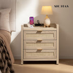 SICOTAS Rattan Nightstands Set of 2 Bedside Table - Larger Night Stand with Type-C Charging Station, 3 Drawers Storage, Boho Night Stands End Table for Bedroom Office - Light Oak
