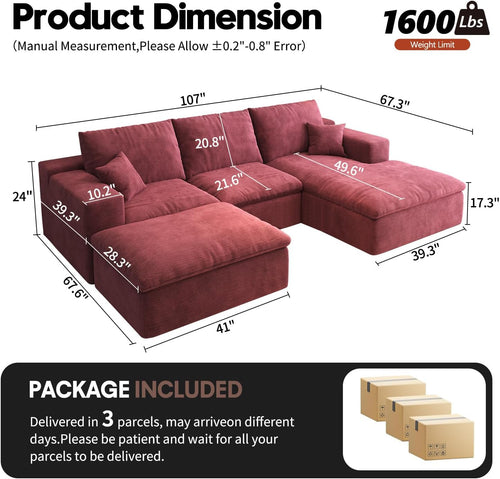 107'' U-Shaped Modern Modular Sectional Cloud Couch Whit Ottoman, 4-Seat Chenille Deep-Seat Sofa with Pillow for Living Room, Bedroom, Apartment, Wine Red