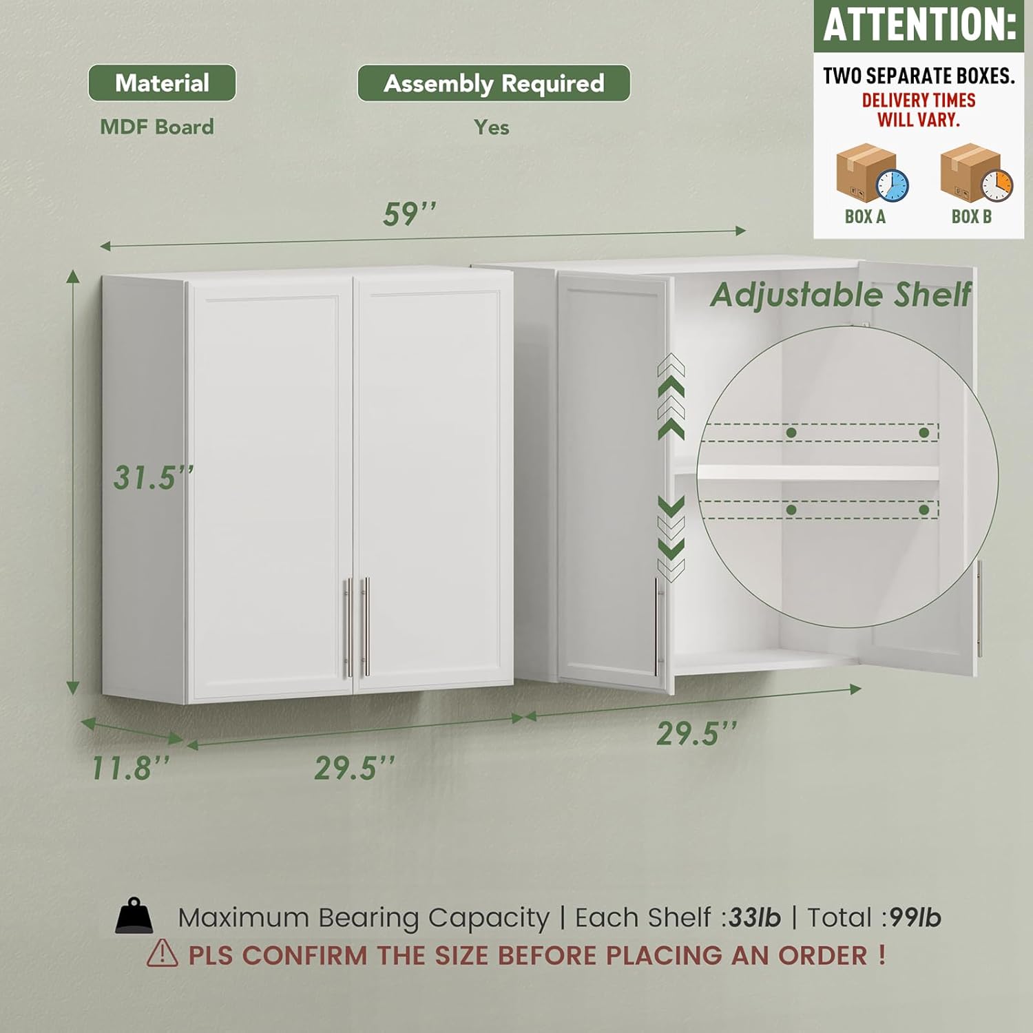 FIMELLO 60" Laundry Room Wall Cabinets with Adjustable Shelf, Large Wall Storage Cabinet, White Wall Cabinet with Doors, Upper Kitchen Cabinet, Cabinets for Laundry, Bathroom, Kitchen -White