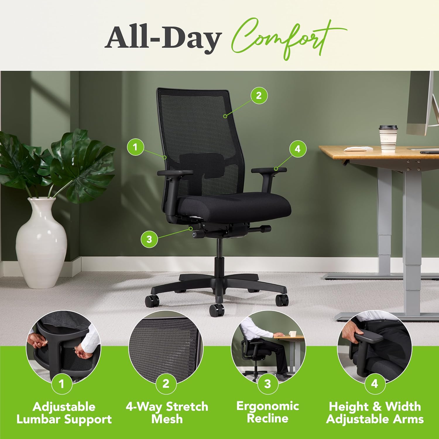 HON Ignition 2.0 Mid Back Task Chair, Advanced Synchro-Tilt Control, Office Chair with Lumbar Support, Height and Width Adjustable Arms, Black Frame, Black