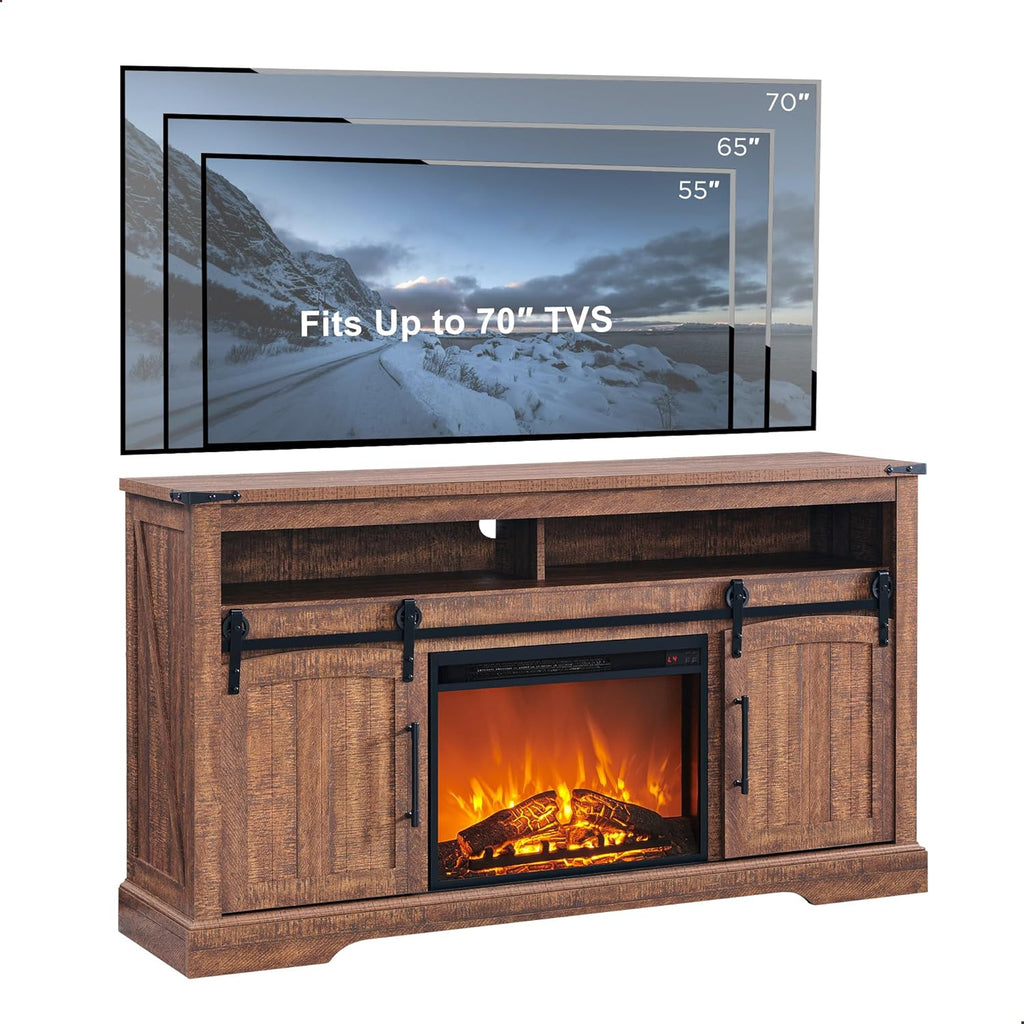 OKD Farmhouse Fireplace TV Stand for 70 Inch TV, 34" Tall Highboy Entertainment Center with 23" Electric Fireplace, Rustic Media Console w/Sliding Arched Door for Living Room,Reclaimed Barnwood