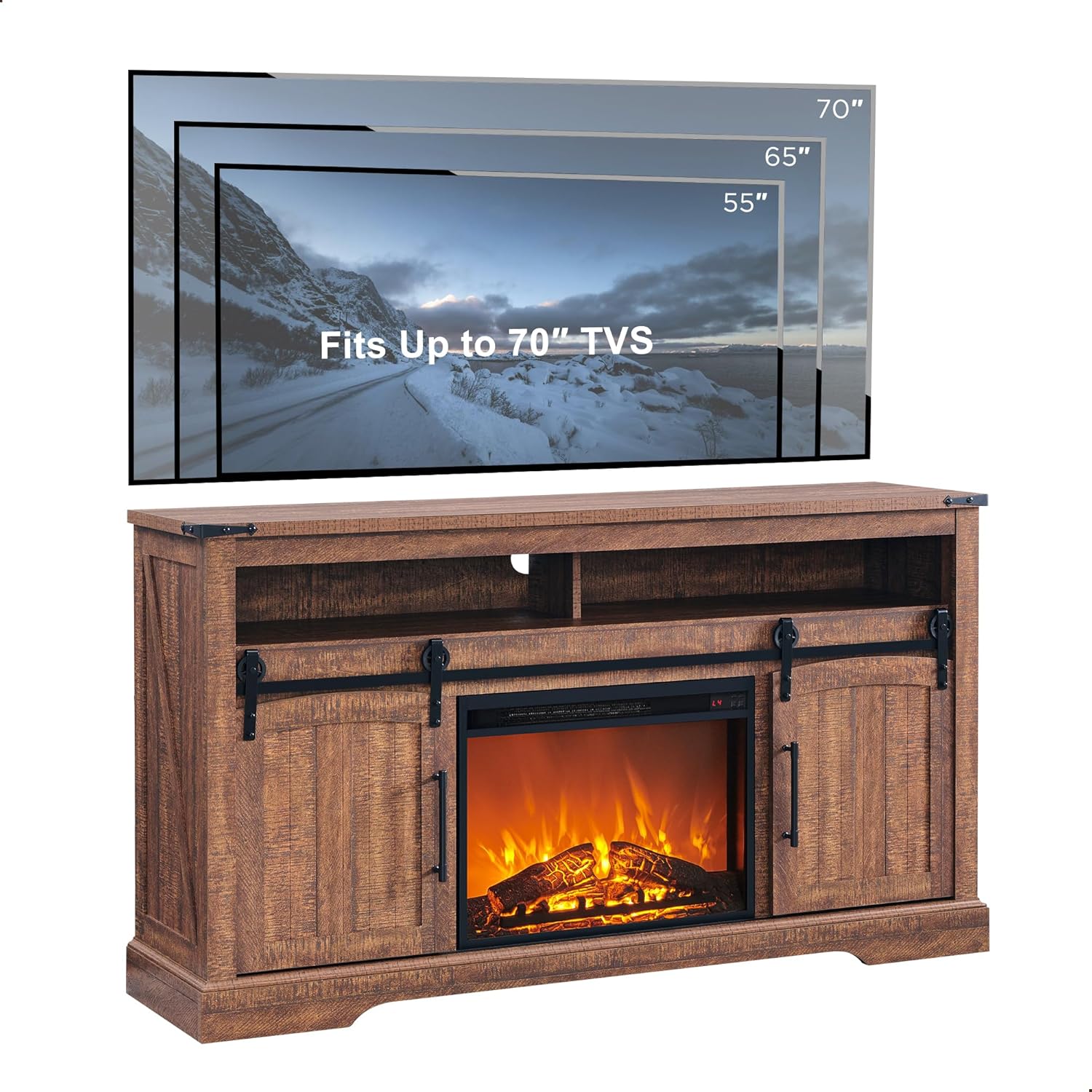 OKD Farmhouse Fireplace TV Stand for 70 Inch TV, 34" Tall Highboy Entertainment Center with 23" Electric Fireplace, Rustic Media Console w/Sliding Arched Door for Living Room,Reclaimed Barnwood