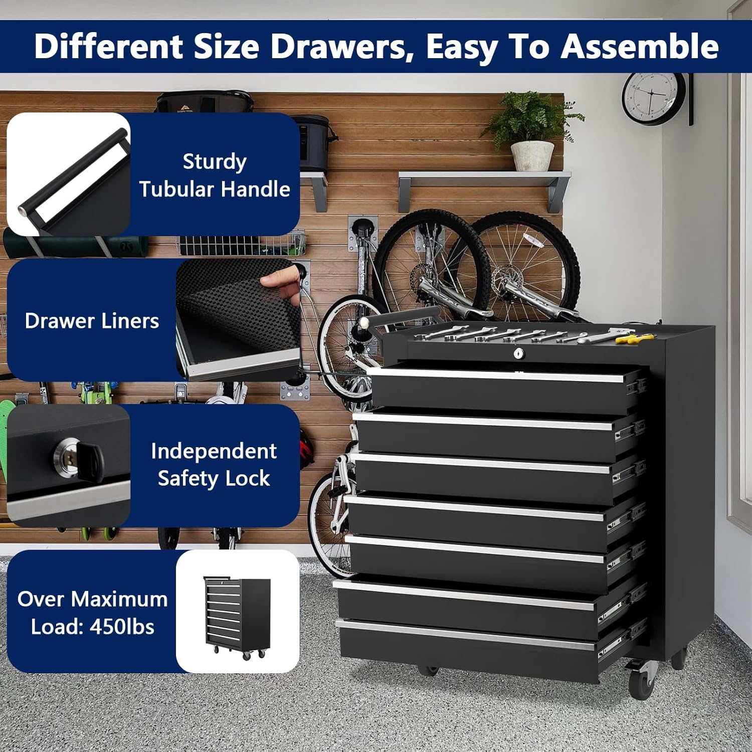 24-inch 7-Drawer Rolling Tool Chest with Lock System, Portable Tool Box with Wheels, Secure Storage Cabinet for Warehouse, Workshop, and Repair Shop, Black