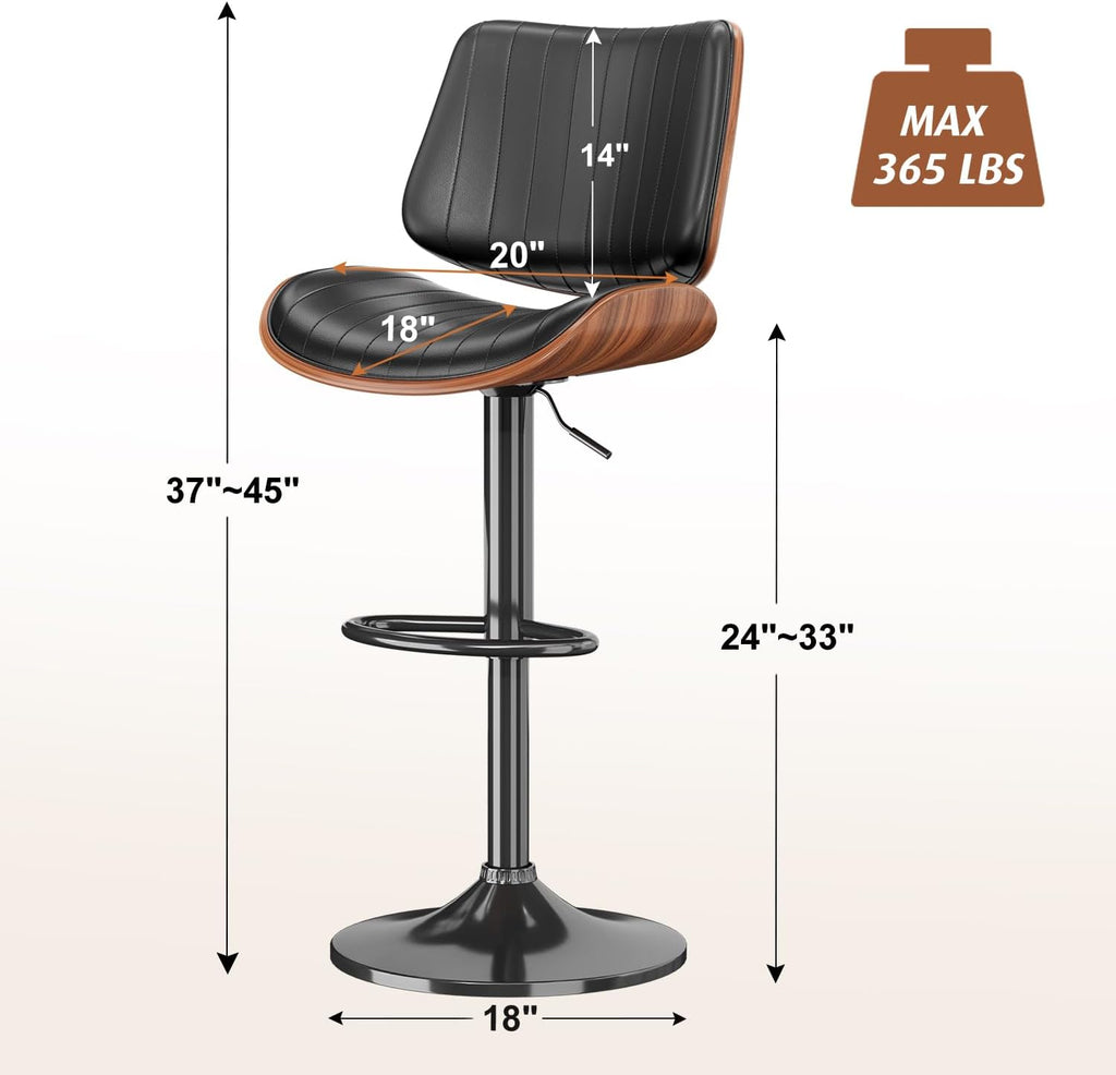 Swivel Bar Stools Set of 3, Adjustable Bentwood Barstools for Kitchen Counter, Modern PU Leather Upholstered Bar Chair with Back and Footrest, for Kitchen Island, Bar, Dining Room, Black